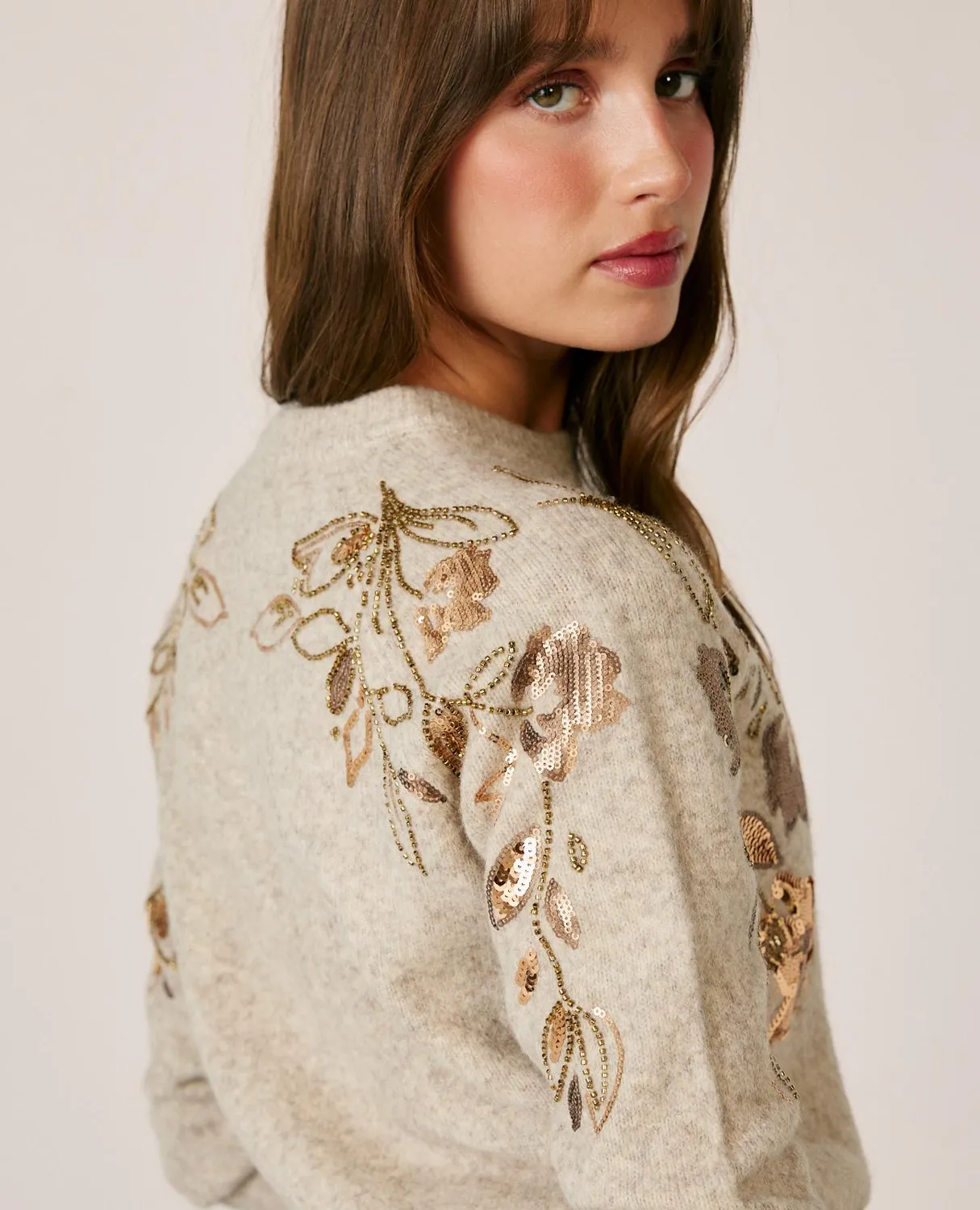 Alma en Pena I26CL0808 pull beige brodé fleurs