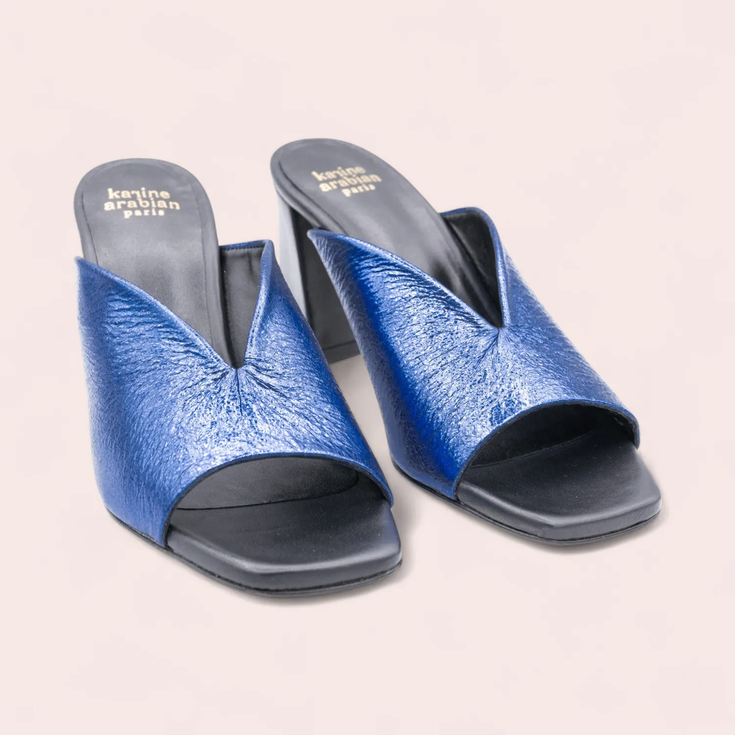 Karine Arabian Joana mules à talons bleu argent cuir