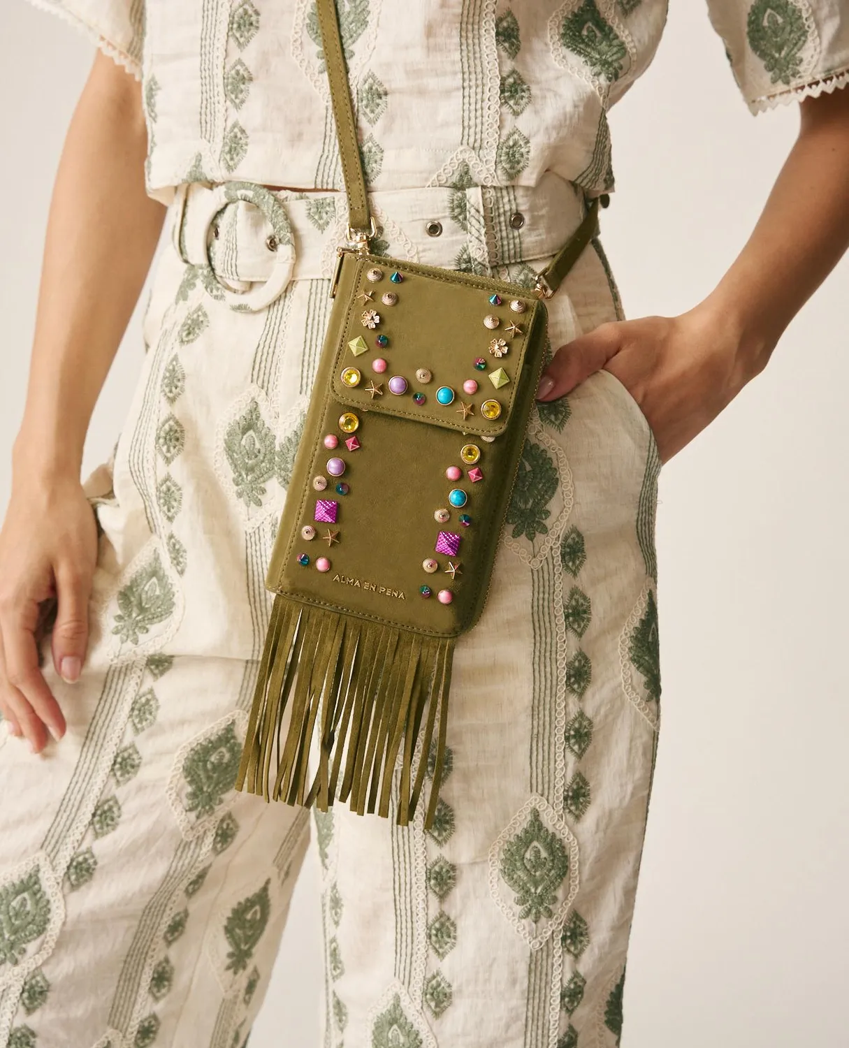Alma en Pena V26WT018 sac cartera cuir kaki