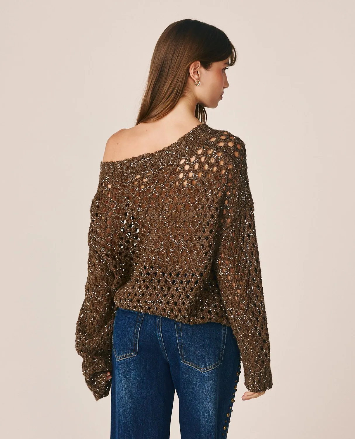 Alma en Pena I26CL0802 pull marron ajouré col V