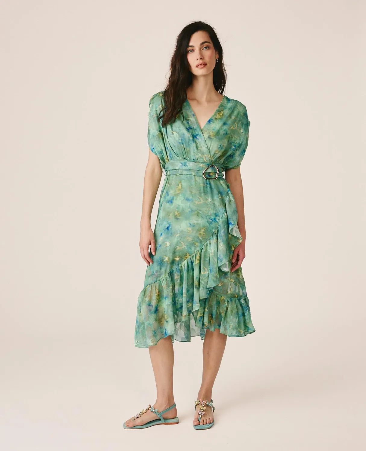 Alma en Pena V26CL0265 robe longue verte imprimée