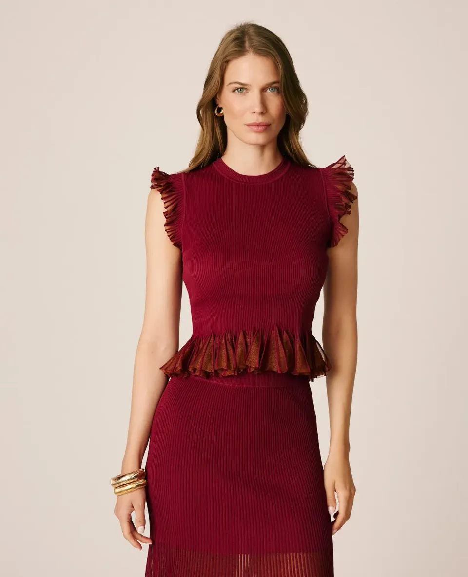 Alma en Pena I25CL0601 Top Volants Bordeaux Metallise Viscose