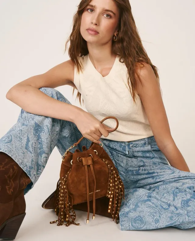 Alma en Pena BG065 sac seau camel daim franges