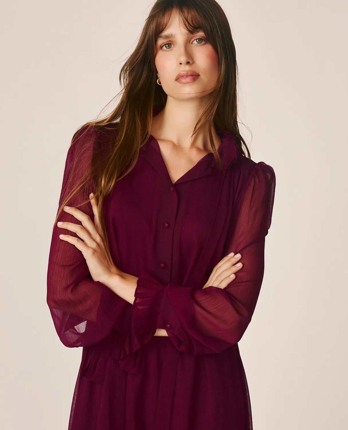 Alma en Pena I26CL0242 robe midi bordeaux gaze col chemisier