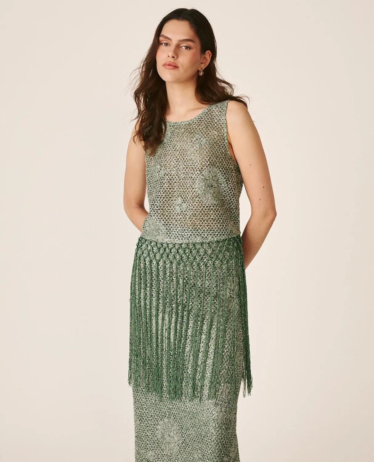 Alma en Pena V26CL0627 top vert franges sequins