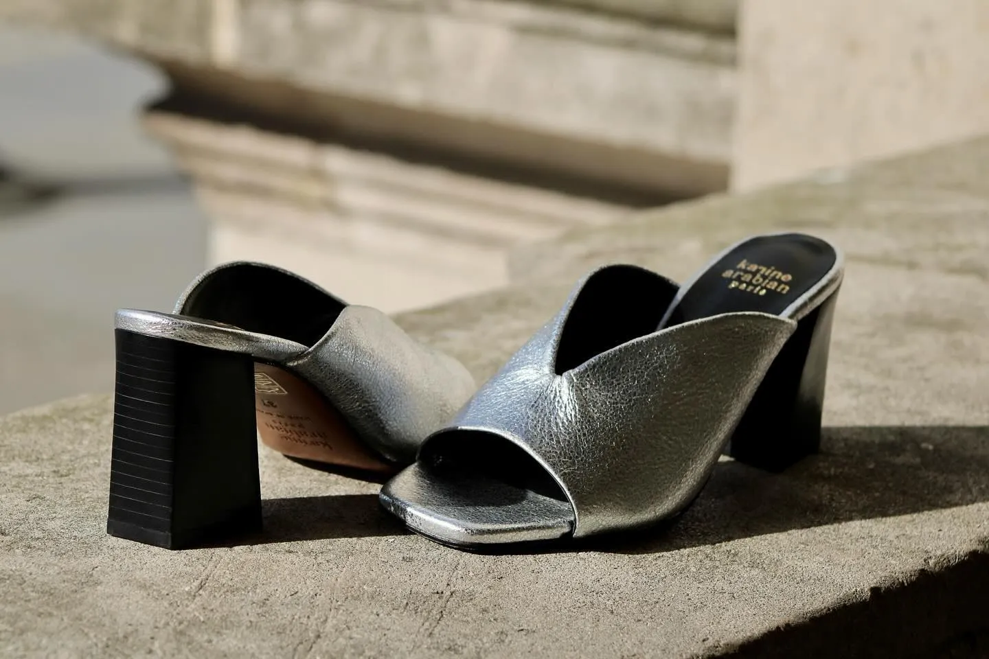 Karine Arabian Joana mules à talons bleu argent cuir