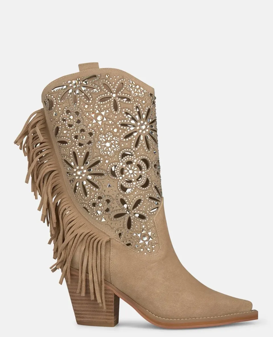 Alma en Pena V260151 bottes cuir franges arena 7 cm