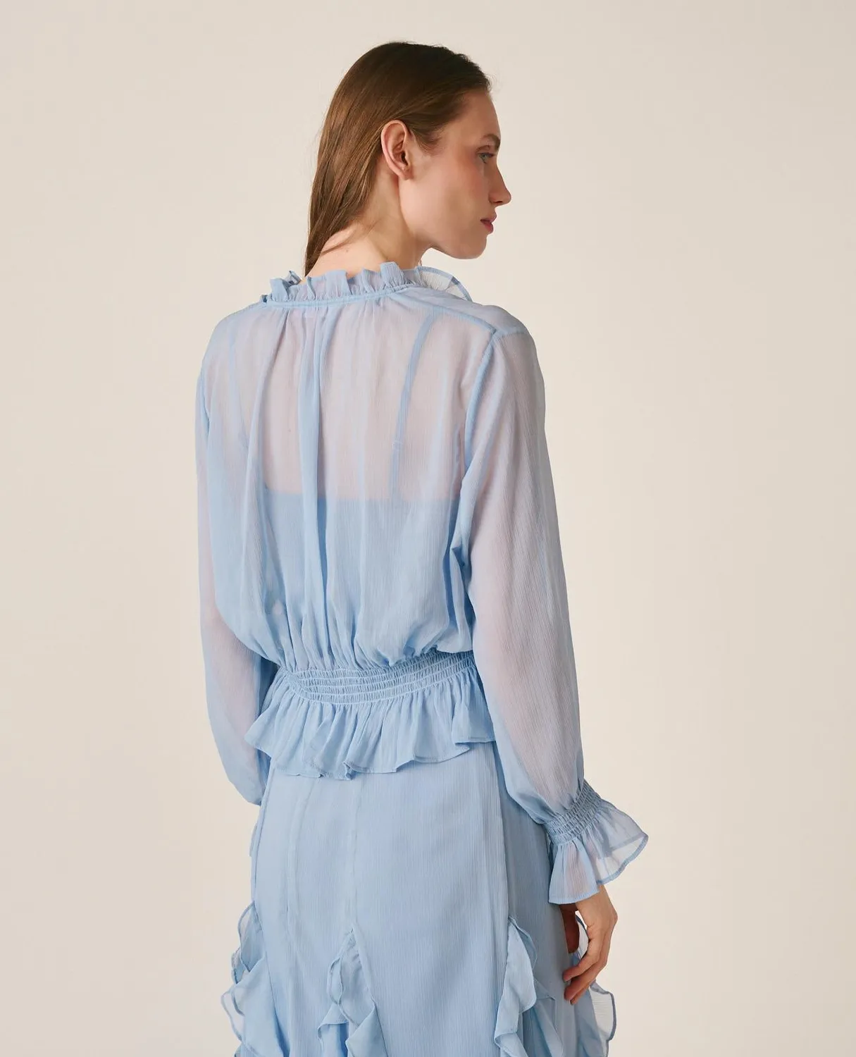 Alma en Pena V26CL0500 blouse bleu ciel gaze volants