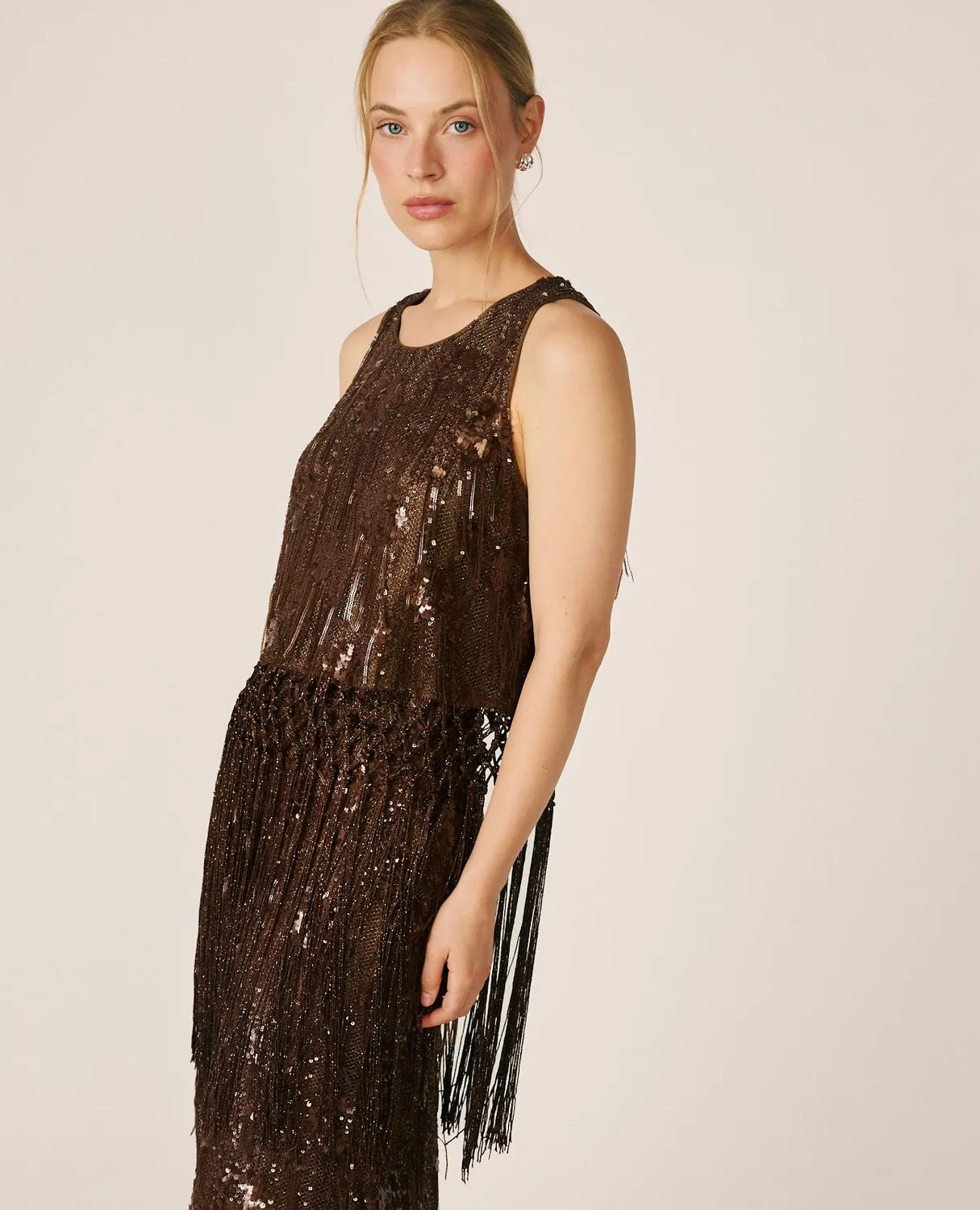 Alma en Pena I26CL0600 top résille marron franges sequins