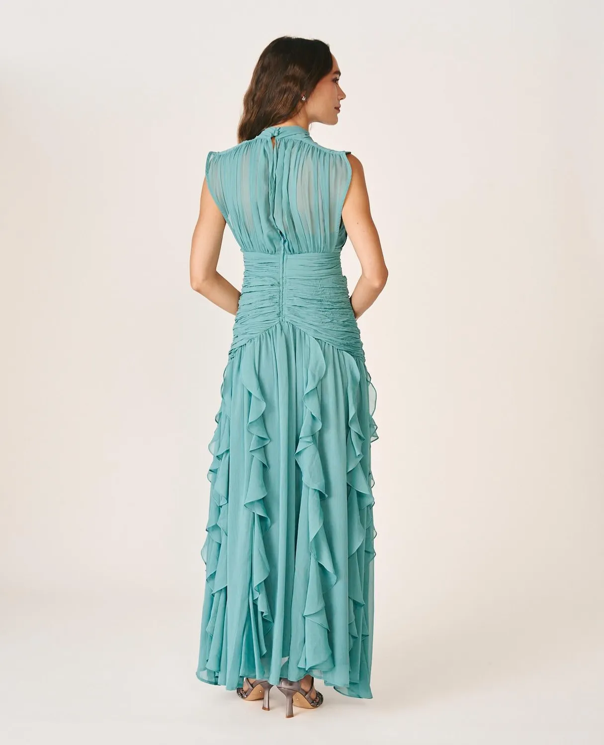 Alma en Pena I26CL0244 robe longue volants vert jade