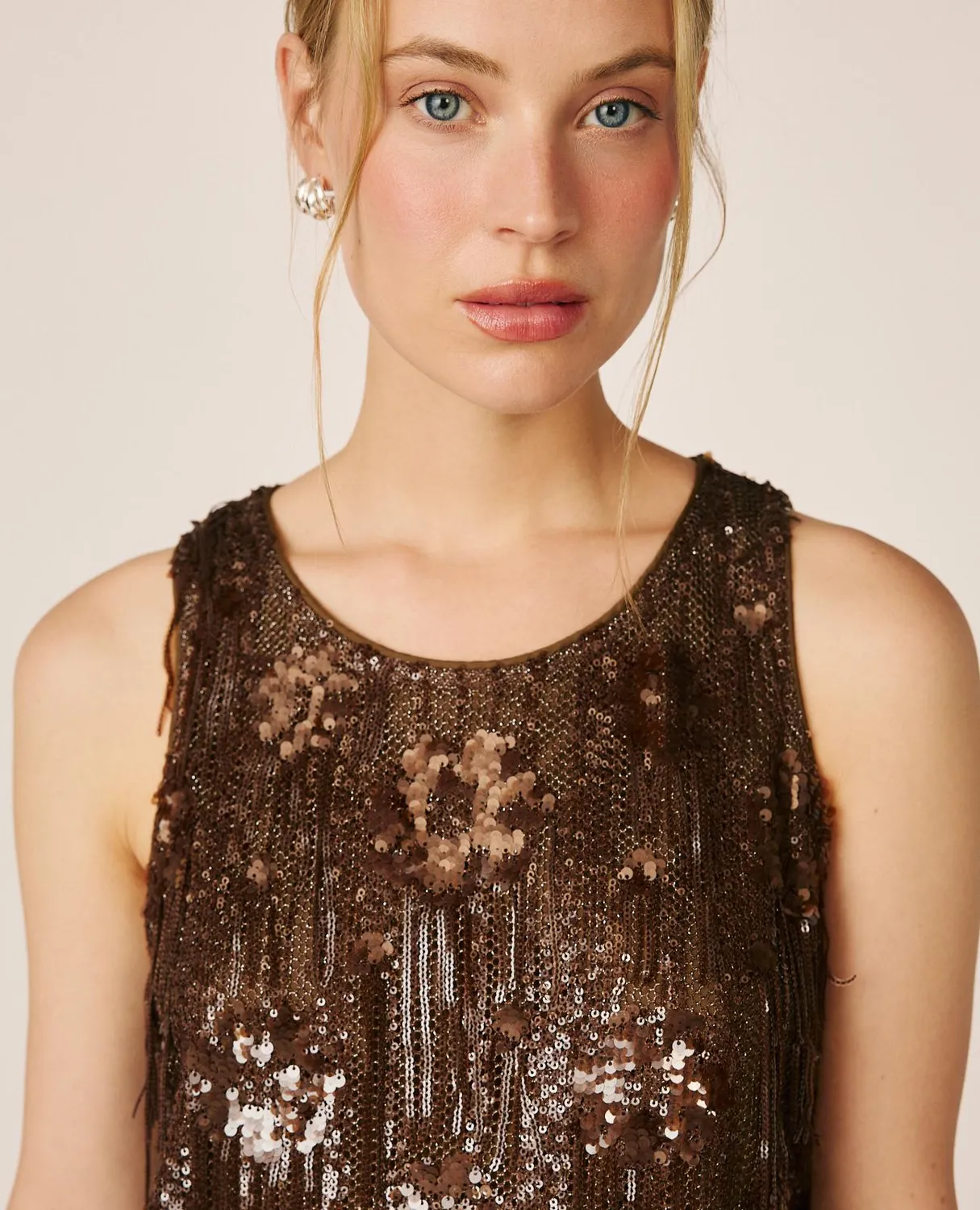 Alma en Pena I26CL0600 top résille marron franges sequins