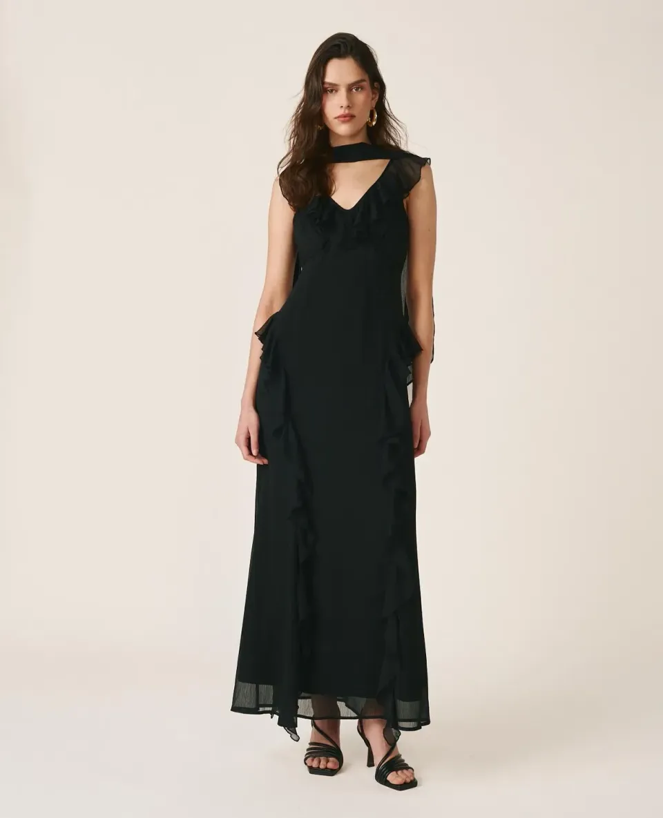 Alma en Pena V26CL0261 robe longue noire volants polyester