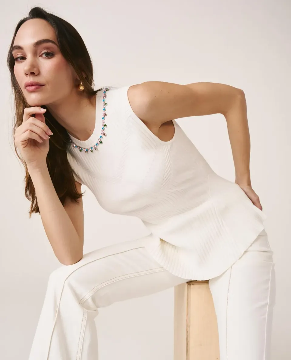 Alma en Pena V26CL0626 top blanc peplum brodé