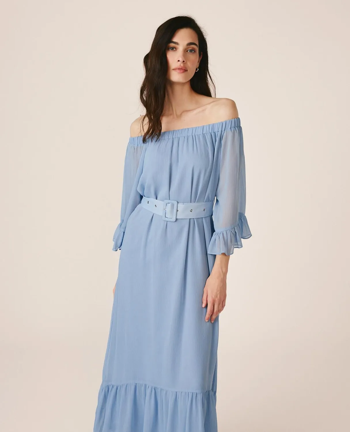 Alma en Pena V26CL0253 robe midi ciel bardot fluide