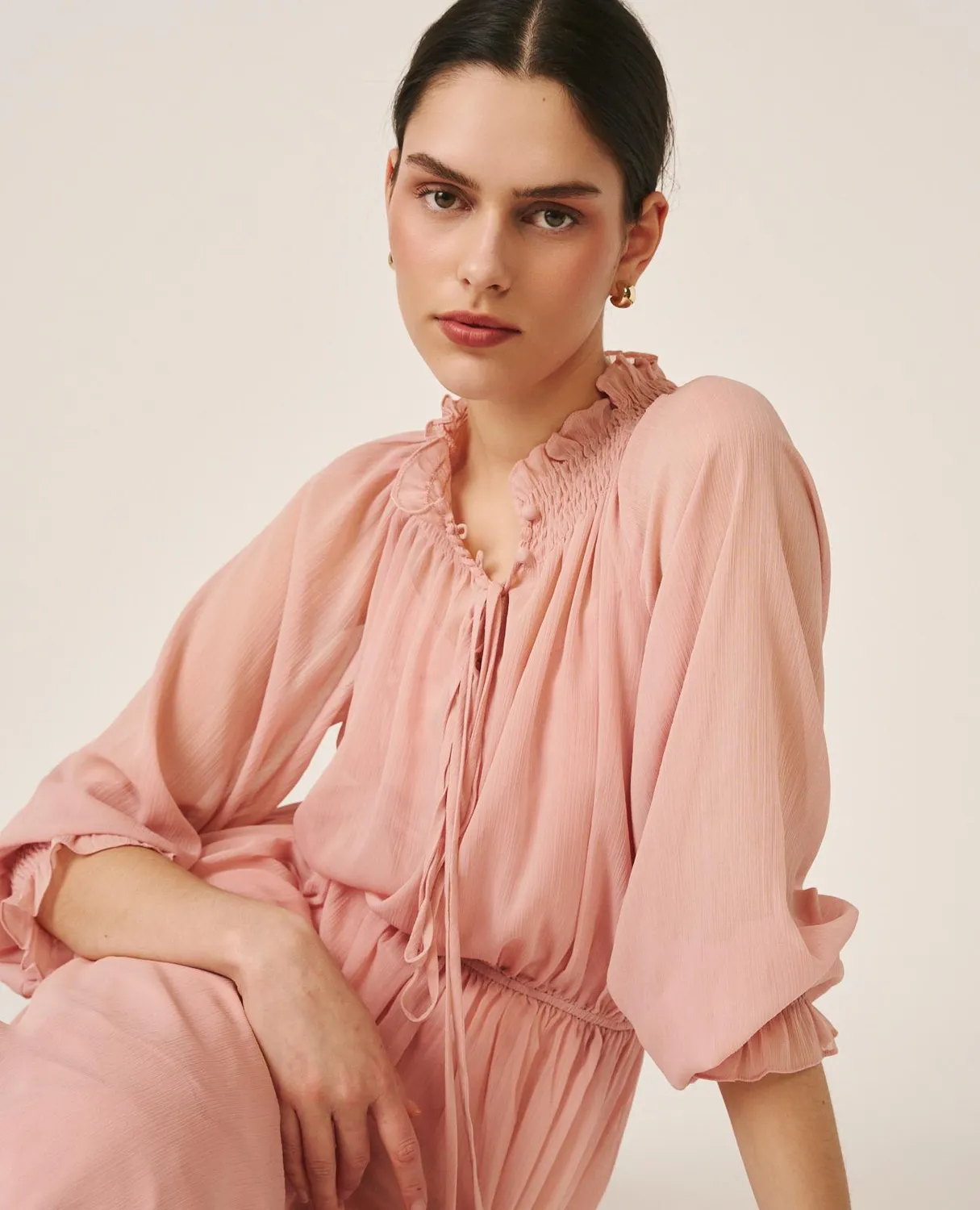 Alma en Pena V26CL0255 robe longue rose col froncé