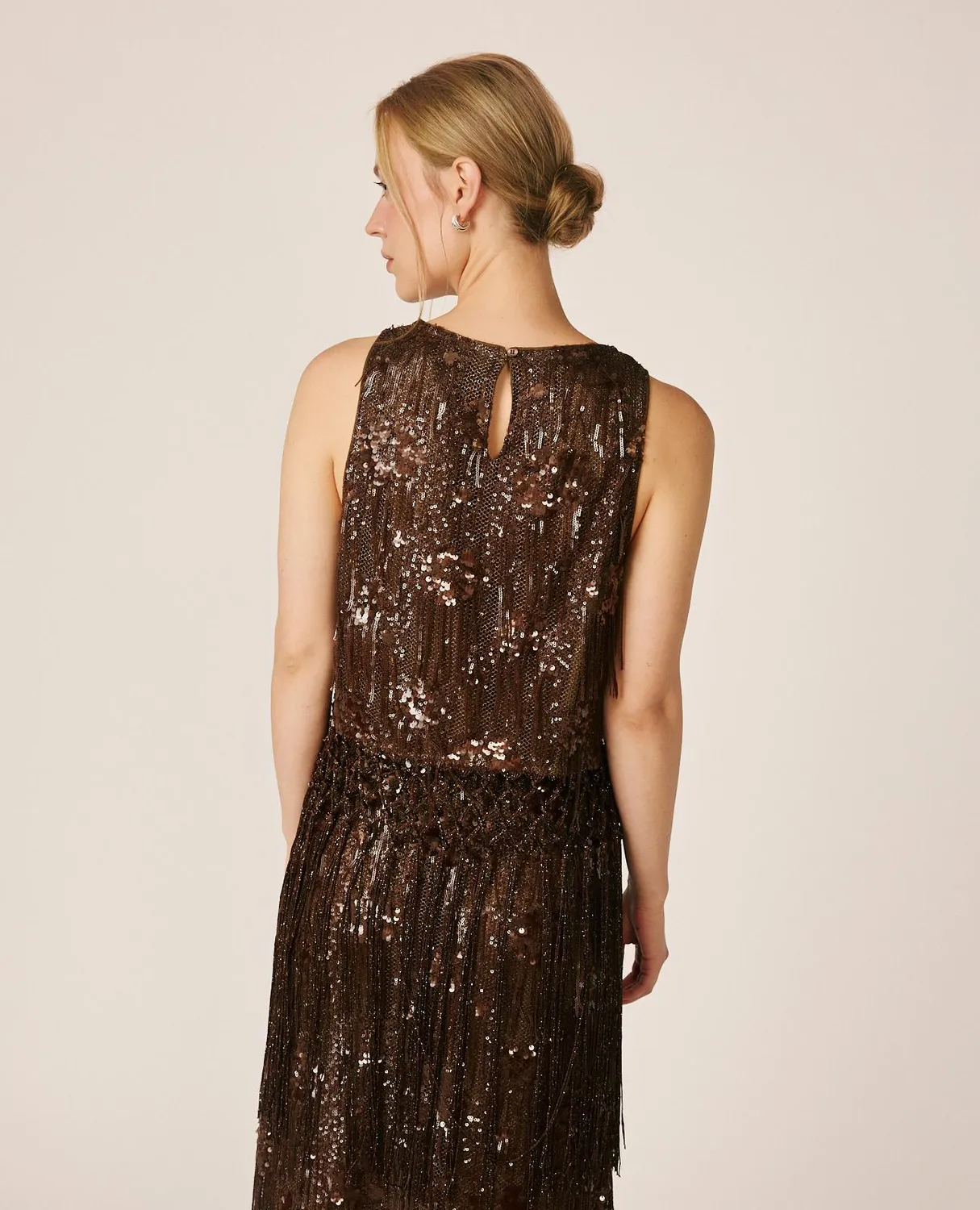 Alma en Pena I26CL0600 top résille marron franges sequins