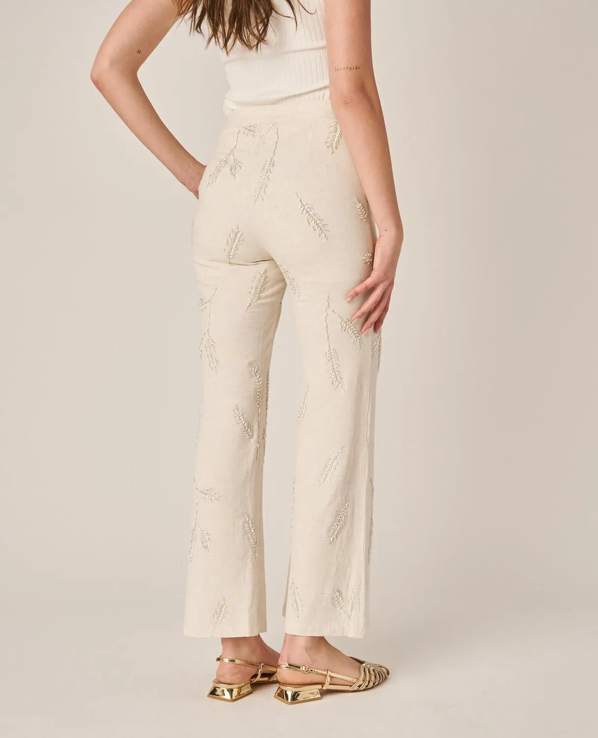 Alma en Pena V26CL1604 pantalon évasé brodé blanc