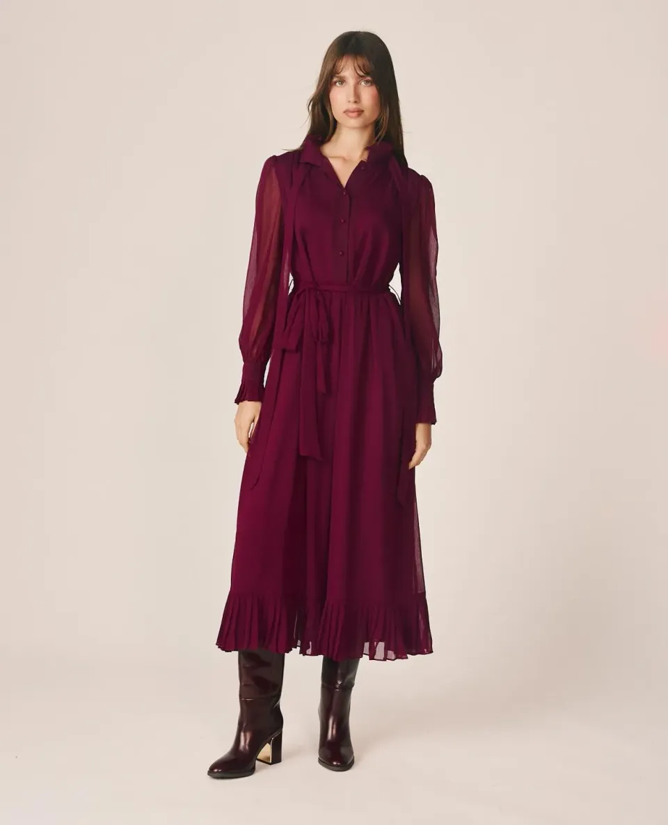 Alma en Pena I26CL0242 robe midi bordeaux gaze col chemisier