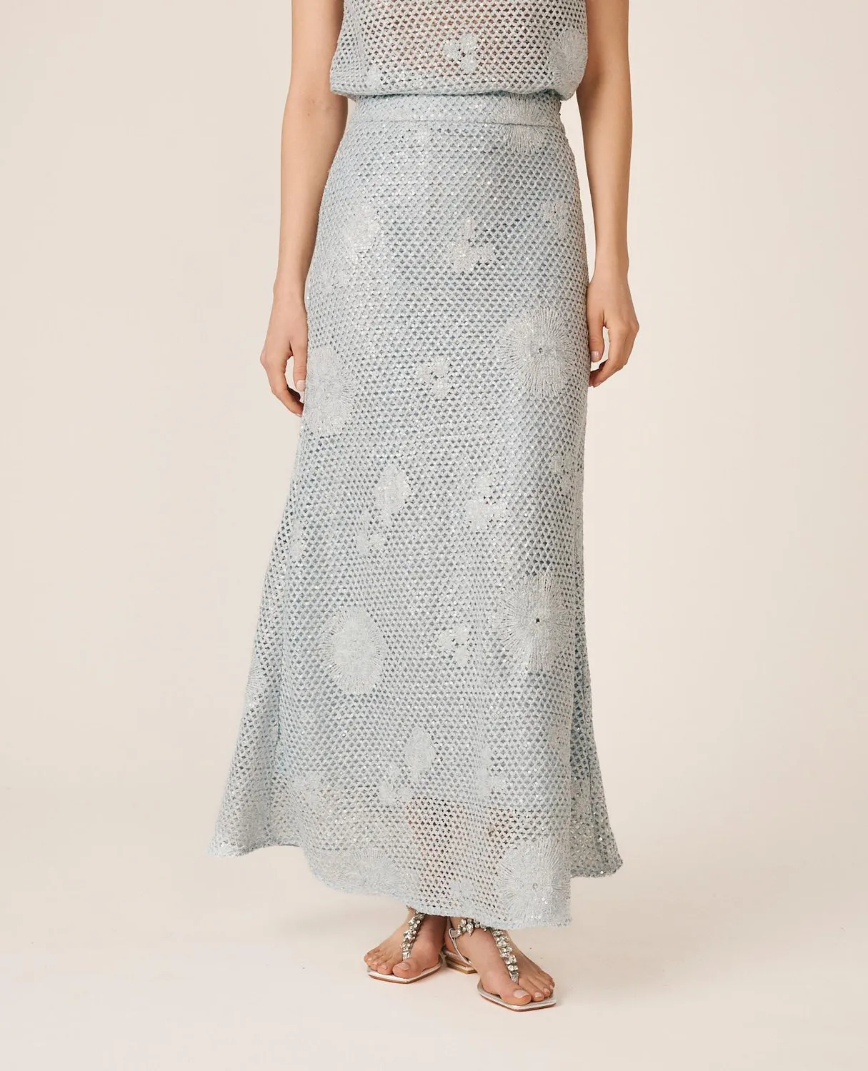 Alma en Pena V26CL1815 jupe midi bleue sequins crochet