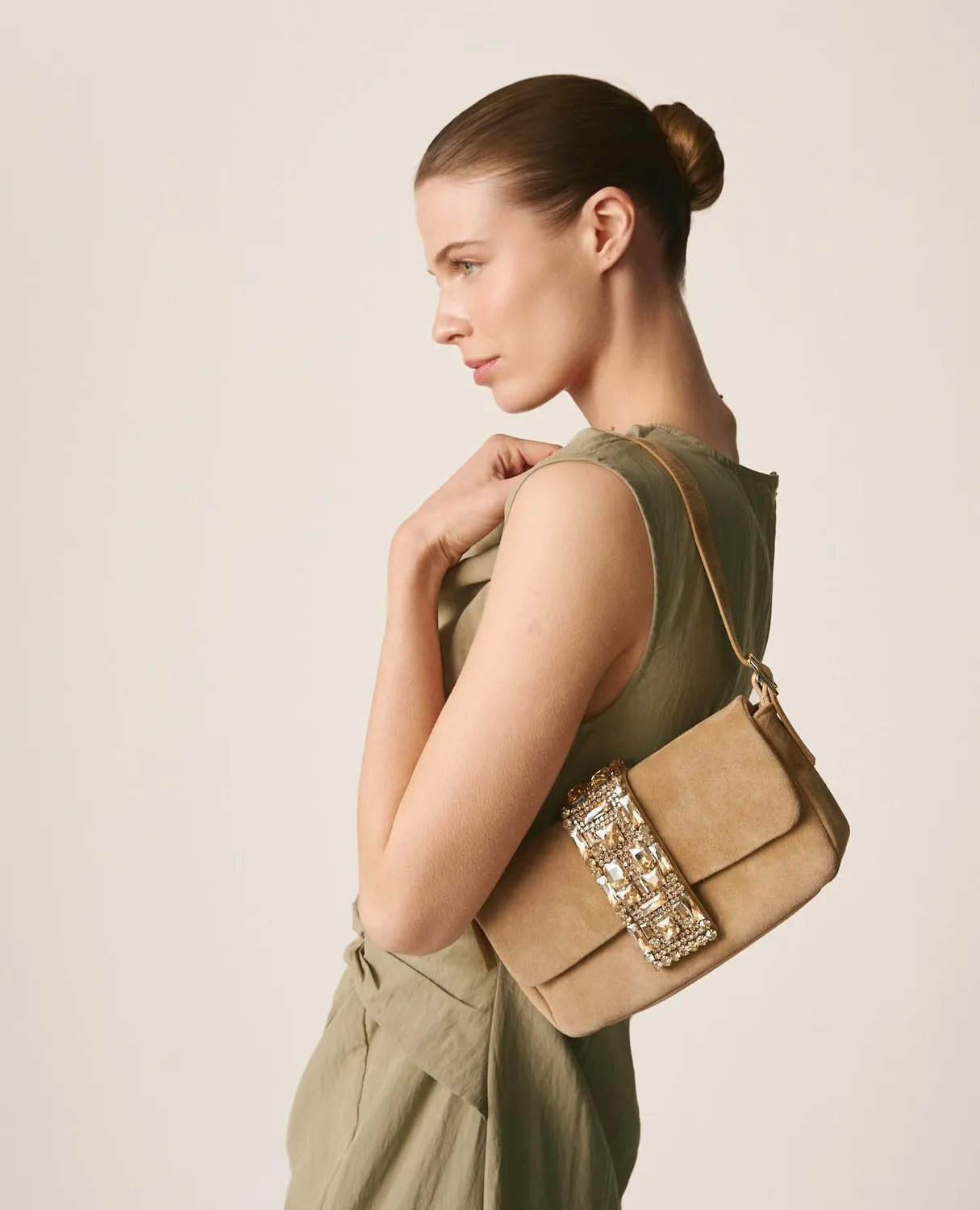 Alma en Pena BG115 Suede sac épaule cuir beige strass