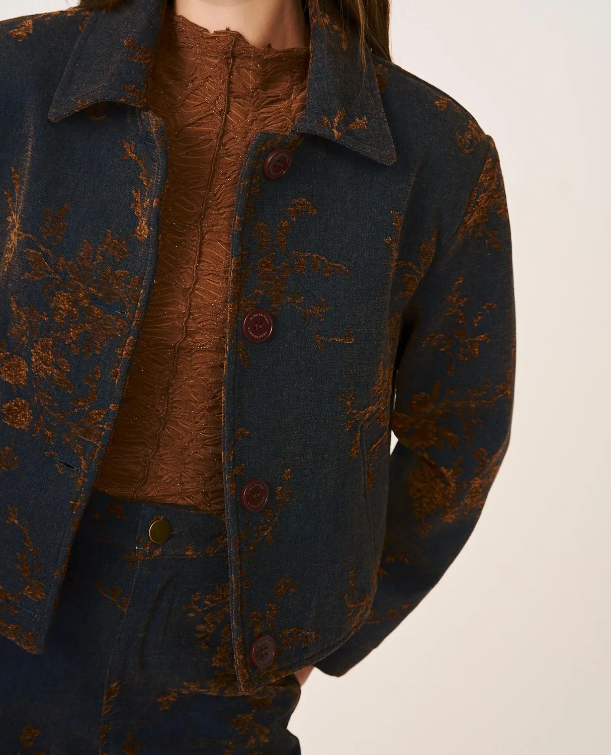 Alma en Pena I26CL1106 veste jean indigo denim floral