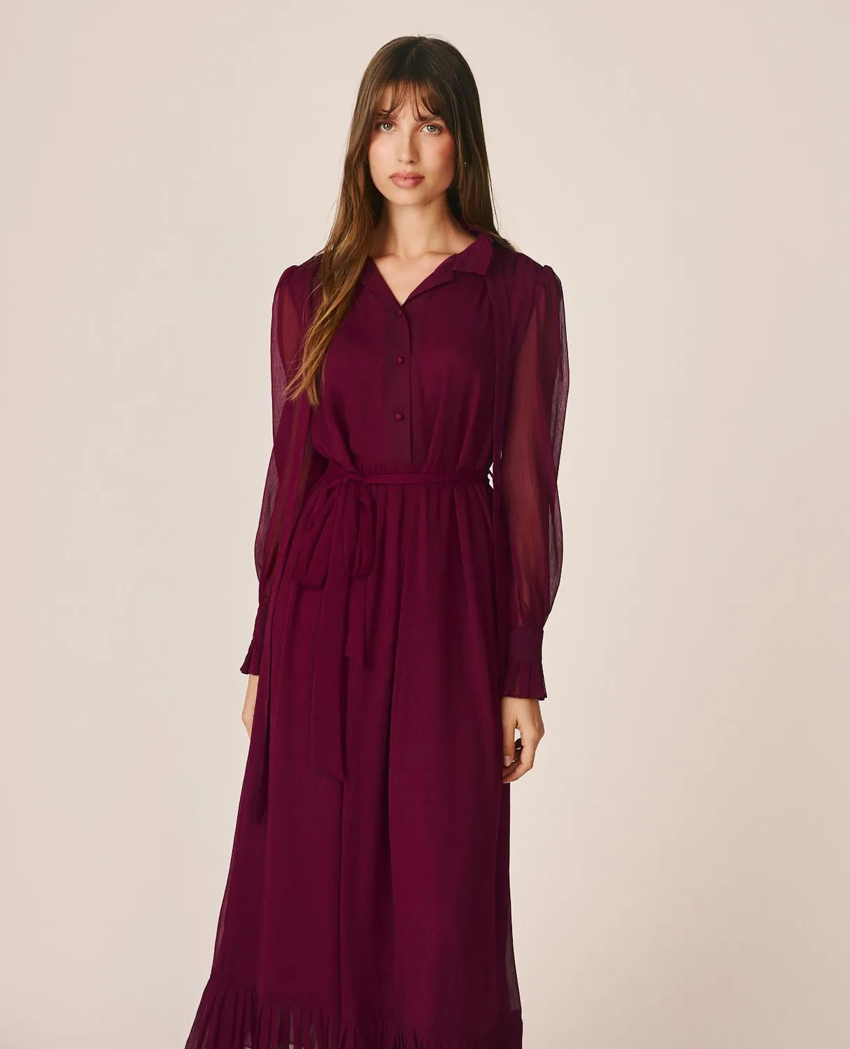 Alma en Pena I26CL0242 robe midi bordeaux gaze col chemisier