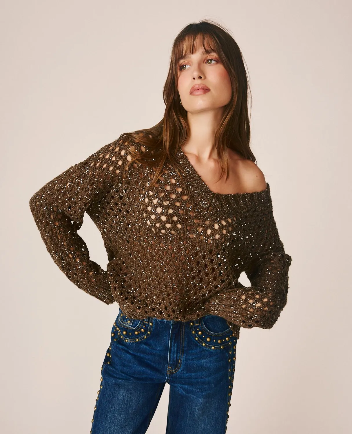 Alma en Pena I26CL0802 pull marron ajouré col V