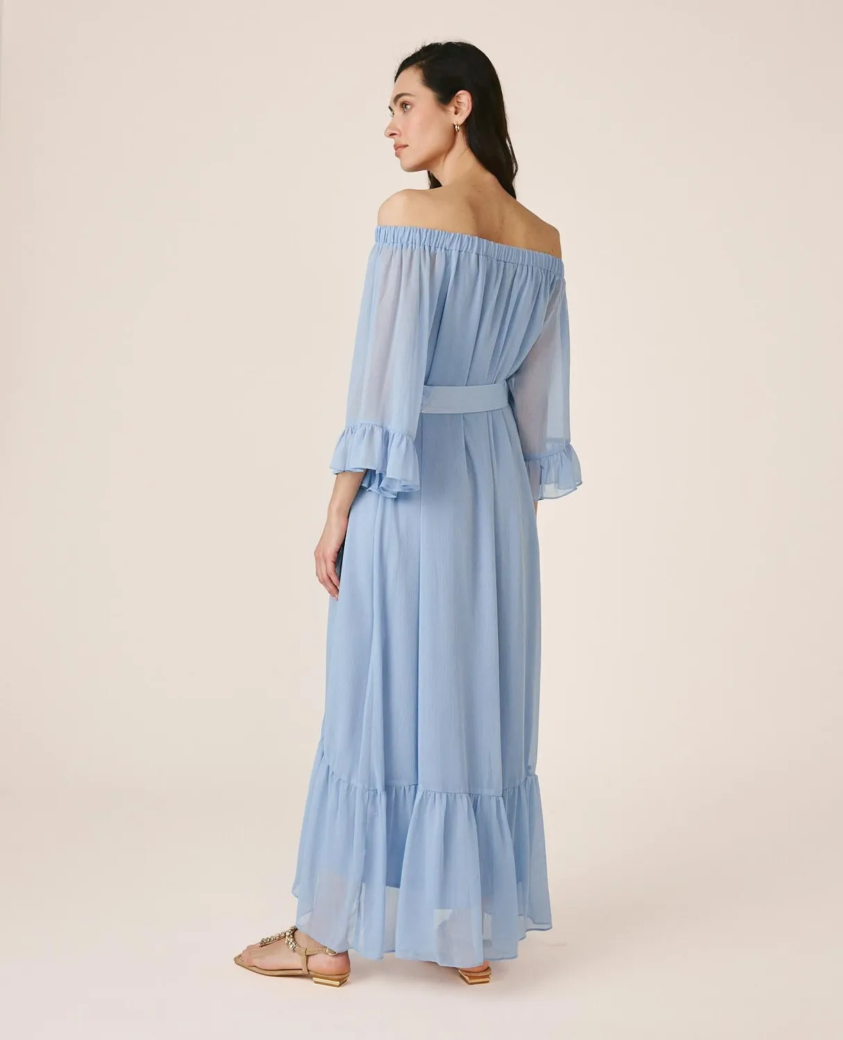 Alma en Pena V26CL0253 robe midi ciel bardot fluide