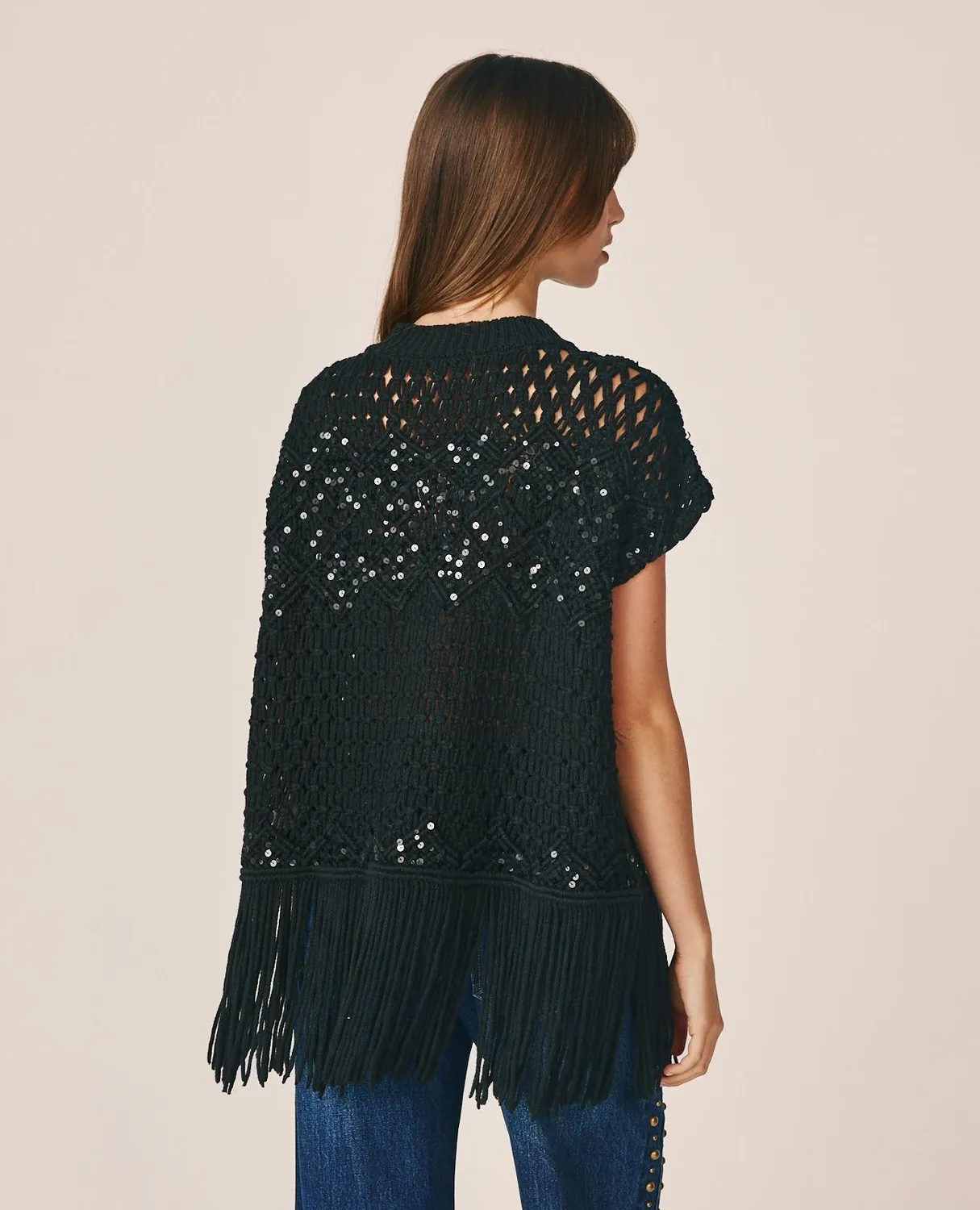 Alma en Pena I26CL1401 top noir sequins franges