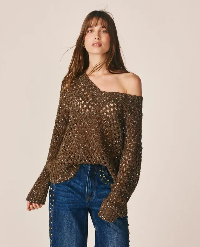 Alma en Pena I26CL0802 pull marron ajouré col V