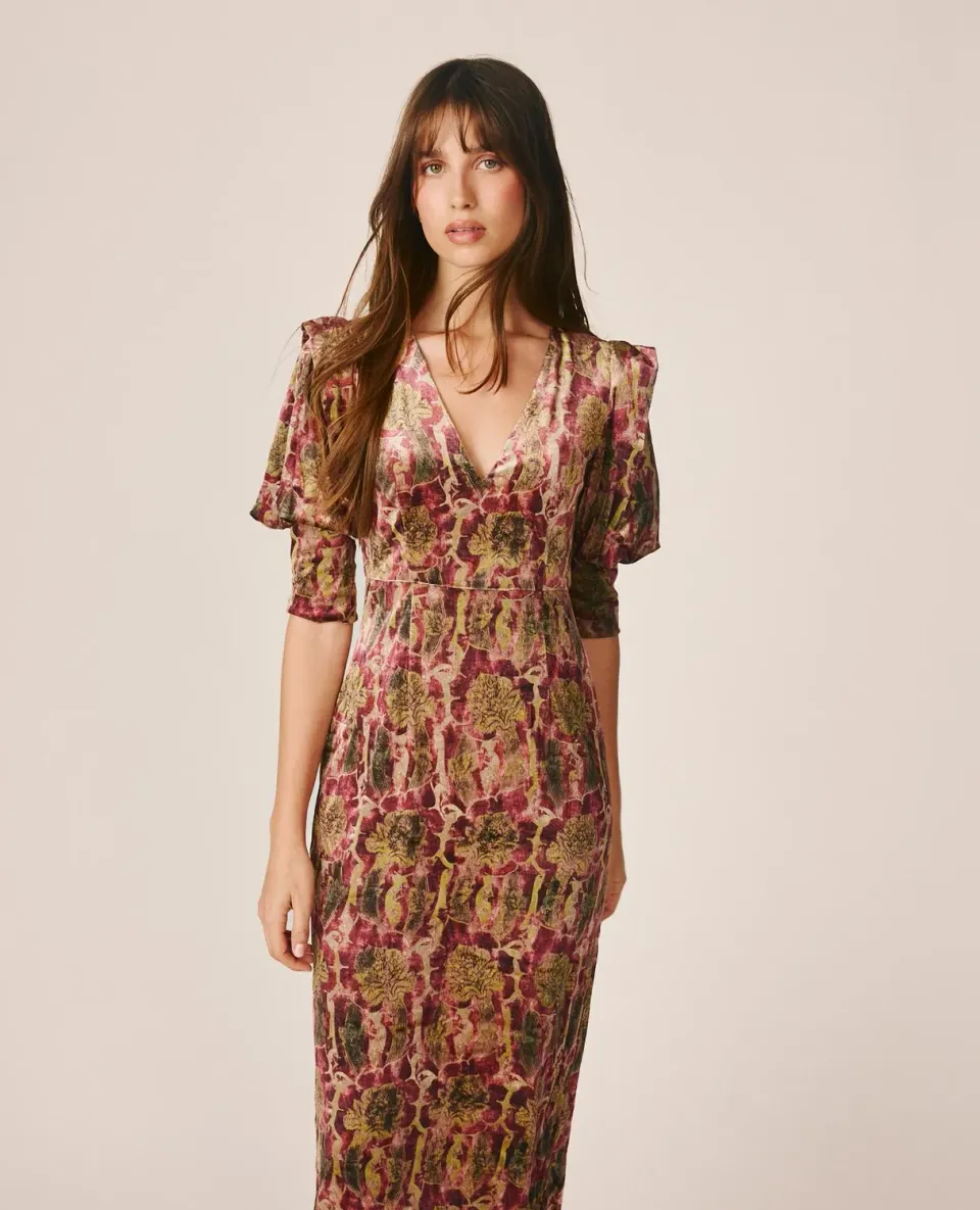 Alma en Pena I26CL0216 robe midi velours vert imprimé